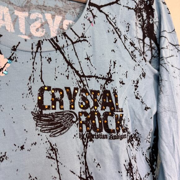 Christian Audigier Crystal Rock Top Womens Medium Crane Blossom Y2K Tunic Shirt - Picture 8 of 14